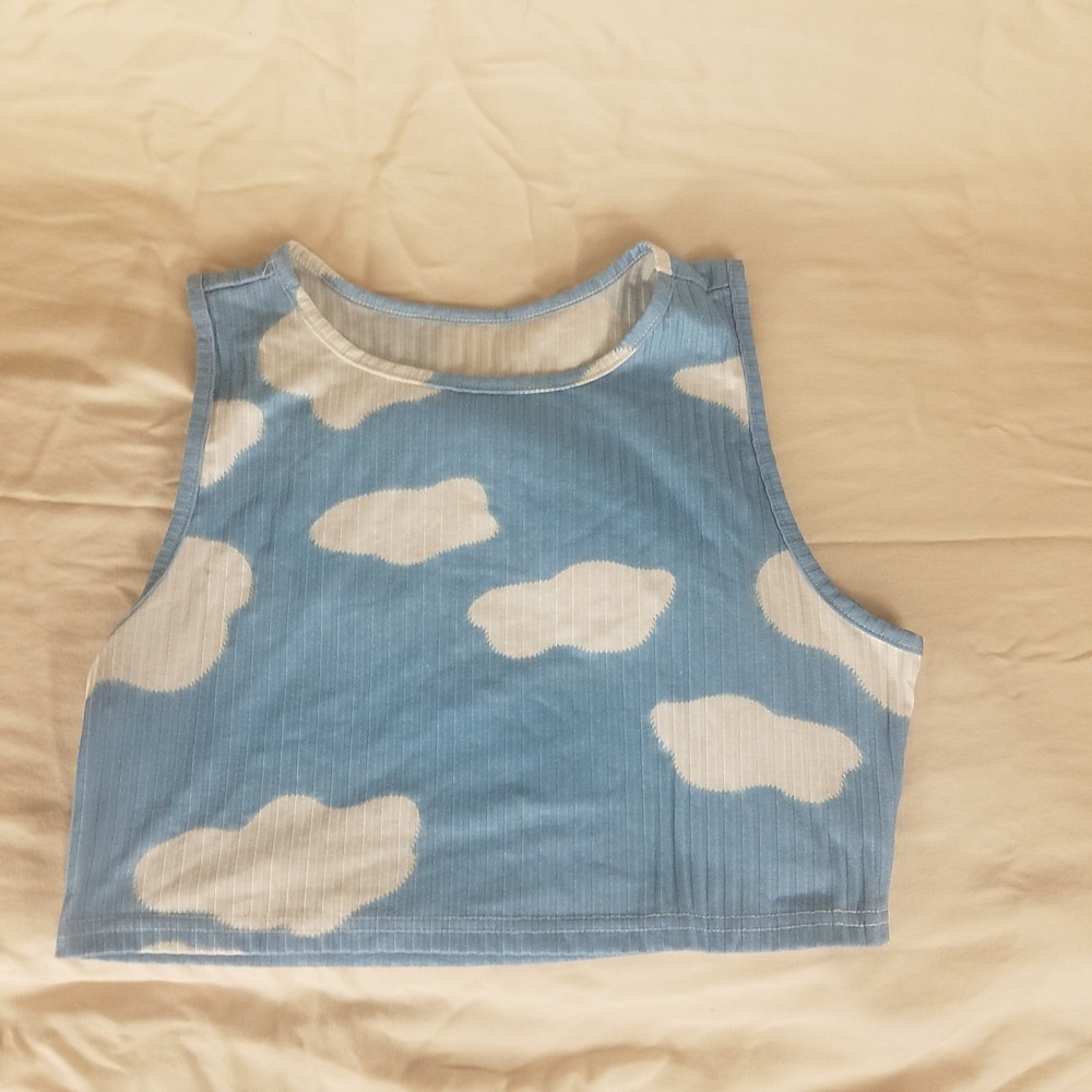 Cloud Print Crop Top Womens L‎ Blue Excellent Ribbed Knit Scoop Neck Tank